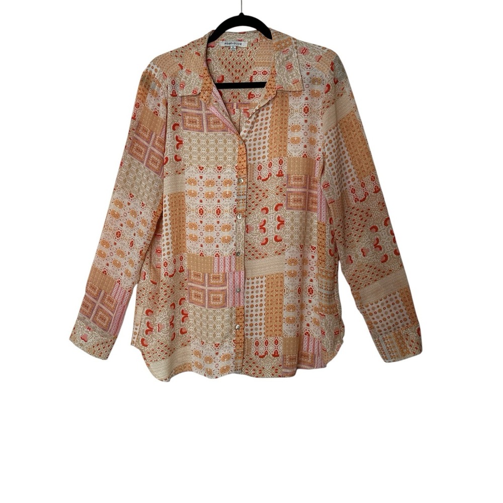 Rose +‎ Olive Shirt Top Womens XL Floral Pintuck Flowy Boho Bohemian Long Sleeve